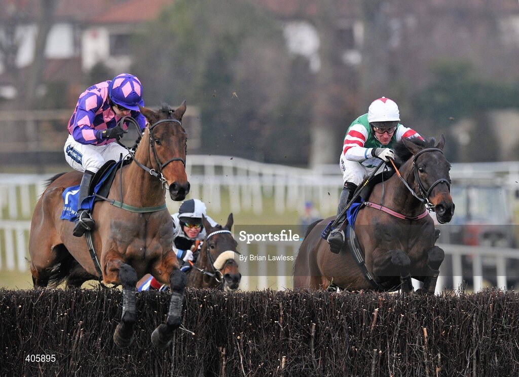 28 February 2010; Citizen Vic, with Ruby Walsh up, left, clears the last, alongside eventual second place, See U Bob, Robert Power up, on their way to winning The Irish Stallion Farms European Breeders Fund Novice Steeplechase. Leopardstown Racecourse, Dublin. Picture credit: Brian Lawless / SPORTSFILE