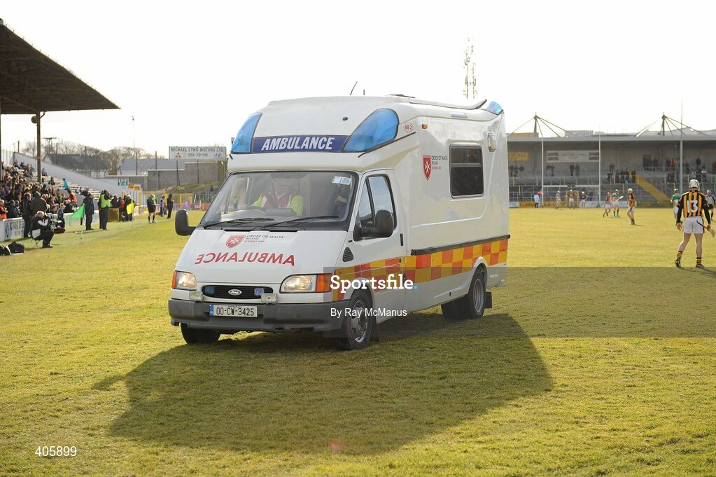 28 February 2010; The players and officials wait for the start of the second half as Kilkenny's Richie Power is removed by ambulance. Allianz GAA Hurling National League Division 1 Round 2, Kilkenny v Offaly, Nowlan Park, Kilkenny. Picture credit: Ray McManus / SPORTSFILE