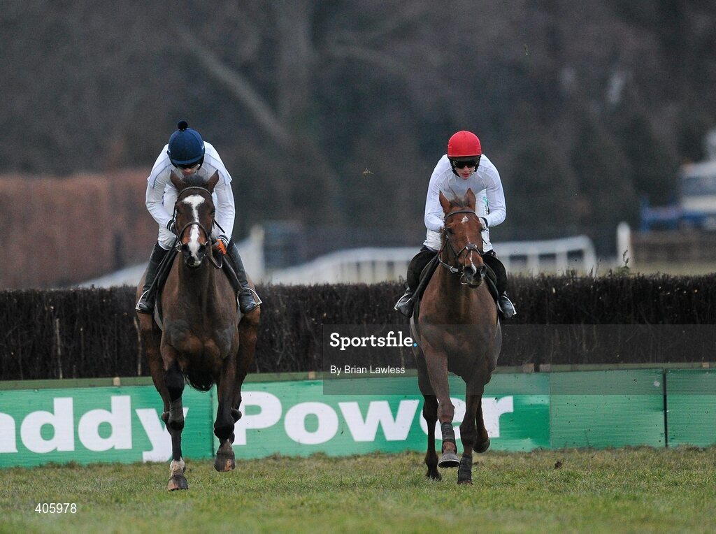 28 February 2010; Willie Mullins trained horses Mikael d'Haguenet, left, with Ruby Walsh up, alongside J'y Vole, Paul Townend up, during the gallops after the days racing. Leopardstown Racecourse, Dublin. Picture credit: Brian Lawless / SPORTSFILE