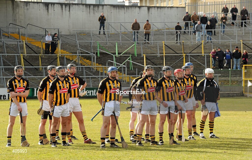28 February 2010; The Kilkenny team stand for the National Anthem. Allianz GAA Hurling National League Division 1 Round 2, Kilkenny v Offaly, Nowlan Park, Kilkenny. Picture credit: Ray McManus / SPORTSFILE