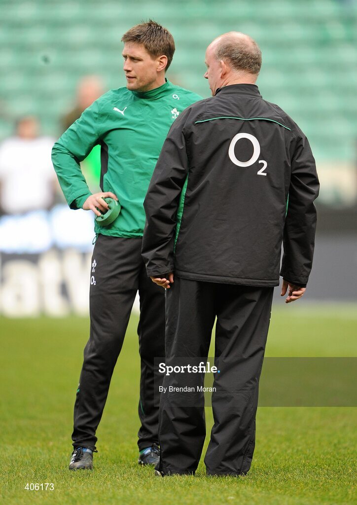 27 February 2010; Ireland out-half Ronan O'Gara in conversation with head coach Declan Kidney before the game. RBS Six Nations Rugby Championship, England v Ireland, Twickenham Stadium, Twickenham, London, England. Picture credit: Brendan Moran / SPORTSFILE