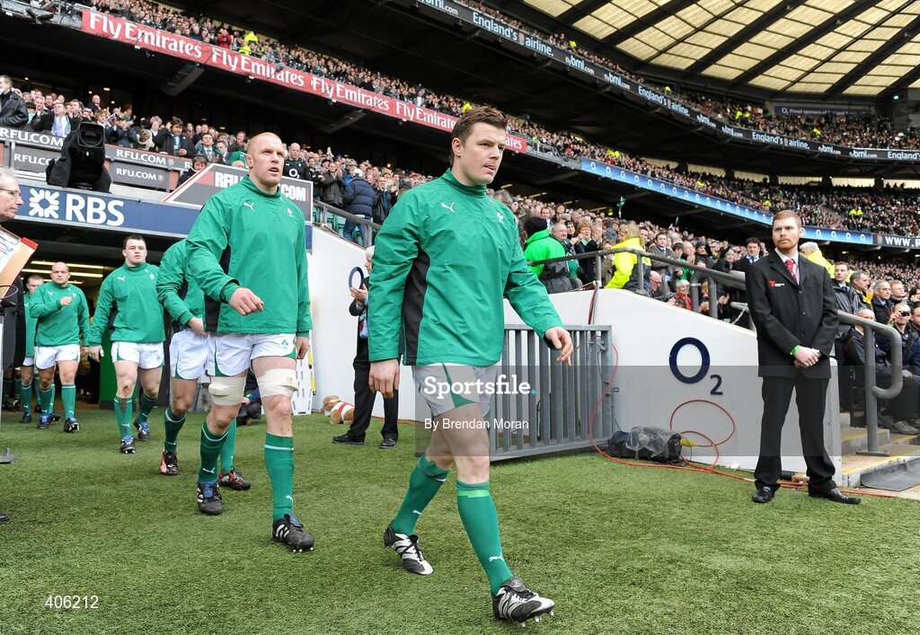 27 February 2010; Ireland captain Brian O'Driscoll, followed by vice-captain Paul O'Connell, leads his side out before the game. RBS Six Nations Rugby Championship, England v Ireland, Twickenham Stadium, Twickenham, London, England. Picture credit: Brendan Moran / SPORTSFILE