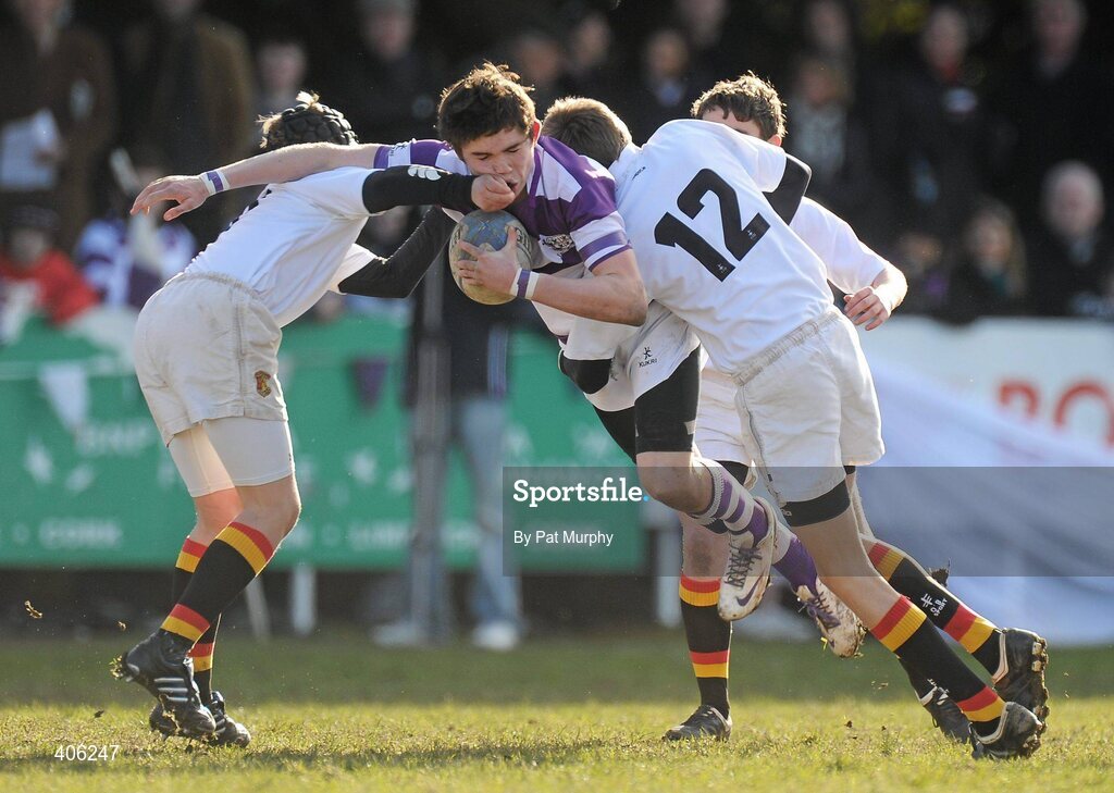 1 March 2010; Jack Murphy, Clongowes Wood College, in action against Jason Curran and Louis O'Flynn Martin, left, Presentation College Bray. Leinster Schools Junior Cup Quarter-Final, Presentation College Bray v Clongowes Wood College SJ. Lakelands Park, Terenure, Dublin. Picture credit: Pat Murphy / SPORTSFILE