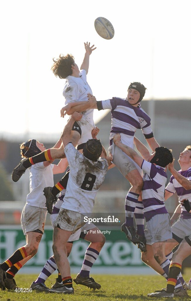 1 March 2010; Matthew White, Clongowes Wood College, contests the line-out against Oisin Moran, Presentation College Bray. Leinster Schools Junior Cup Quarter-Final, Presentation College Bray v Clongowes Wood College SJ. Lakelands Park, Terenure, Dublin. Picture credit: Pat Murphy / SPORTSFILE