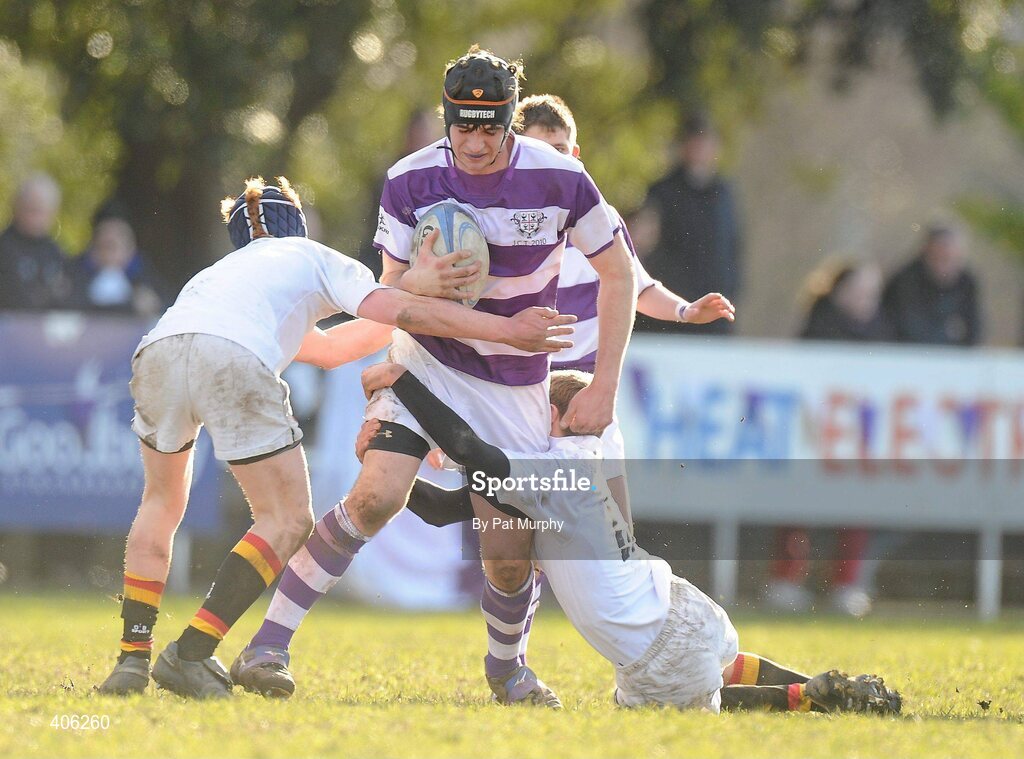 1 March 2010; Oscar Hassett, Clongowes Wood College, in action against Adam Stapleton, left, and Jason Curran, Presentation College Bray. Leinster Schools Junior Cup Quarter-Final, Presentation College Bray v Clongowes Wood College SJ. Lakelands Park, Terenure, Dublin. Picture credit: Pat Murphy / SPORTSFILE