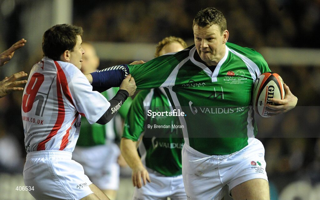 26 February 2010; David Corkery, Ireland Legends, holds off the challenge of Mike Friday, England Legends. The Stuart Mangan Memorial Cup, England Legends v Ireland Legends, The Stoop, Twickenham, London. Picture credit: Brendan Moran / SPORTSFILE