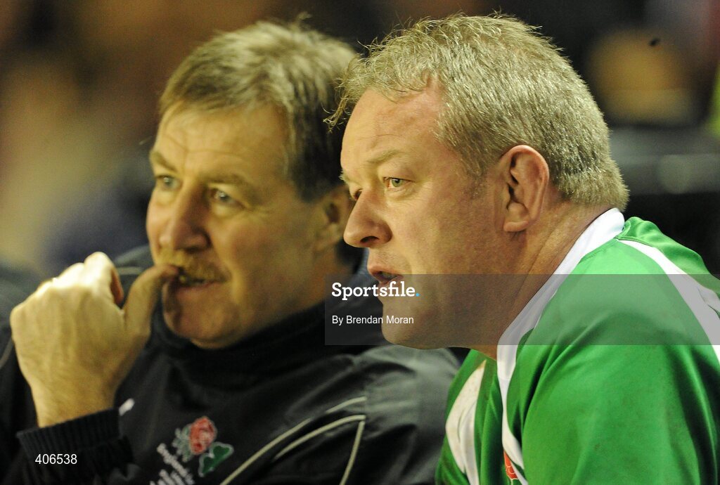 26 February 2010; Mick Galwey, Ireland Legends, in conversation with Donal Lenihan during the game. The Stuart Mangan Memorial Cup, England Legends v Ireland Legends, The Stoop, Twickenham, London. Picture credit: Brendan Moran / SPORTSFILE
