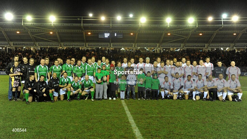 26 February 2010; The Ireland and England Legends teams stand together before the game. The Stuart Mangan Memorial Cup, England Legends v Ireland Legends, The Stoop, Twickenham, London. Picture credit: Brendan Moran / SPORTSFILE