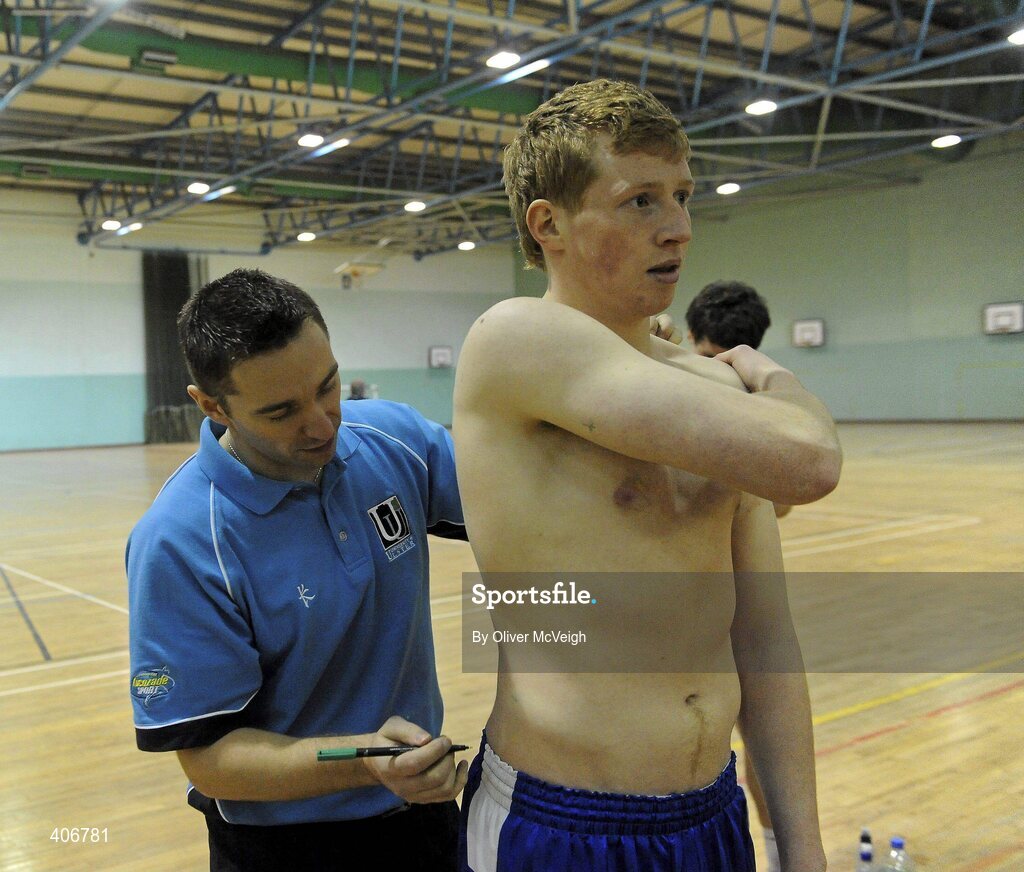 3 March 2010; Monaghan's Kieran Hughes is assessed by Ricky McCann, Sports Science officer, Jordanstown, Co. Antrim, during the Ricky Nixon AFL trial day. Gormanston College, Gormanston, Co. Meath. Picture credit: Oliver McVeigh / SPORTSFILE