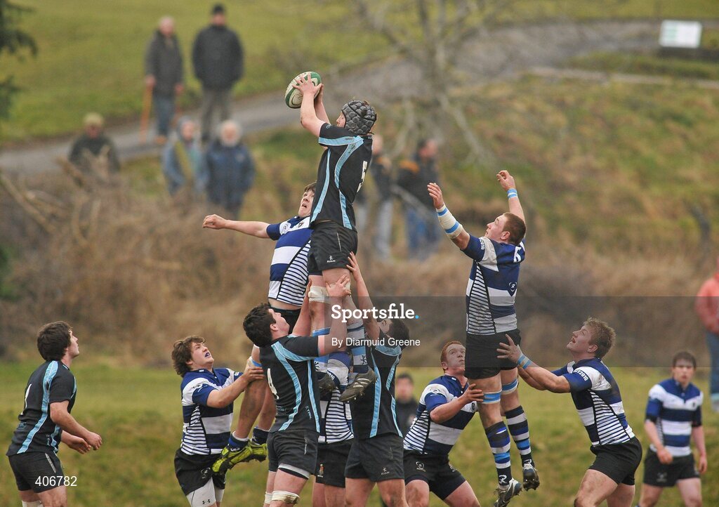 3 March 2010; Michael O'Dwyer, Castletroy, wins possession in the line-out ahead of Stephen Maguire, Rockwell. Avonmore Munster Rugby Schools Senior Cup Semi-Final, Rockwell v Castletroy College, Clanwilliam Park, Tipperary Town, Tipperary. Picture credit: Diarmuid Greene / SPORTSFILE