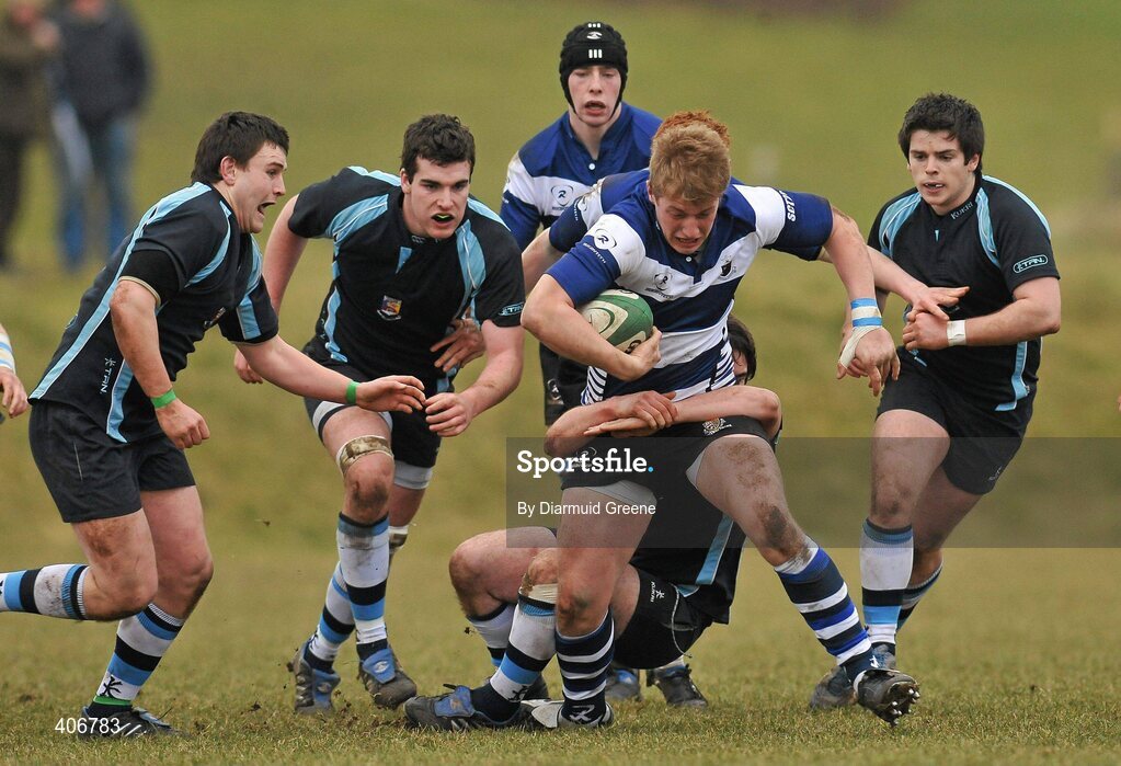 3 March 2010; Luke Cahill, Rockwell, is tackled by David O'Brien, Castletroy. Avonmore Munster Rugby Schools Senior Cup Semi-Final, Rockwell v Castletroy College, Clanwilliam Park, Tipperary Town, Tipperary. Picture credit: Diarmuid Greene / SPORTSFILE