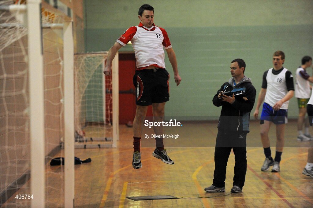 3 March 2010; Derry's James Kielt is assessed by William Moore, Performance services manager, University of Ulster Sports Academy, Jordanstown, during a Ricky Nixon AFL trial day. Gormanston College, Gormanston, Co. Meath. Picture credit: Oliver McVeigh / SPORTSFILE