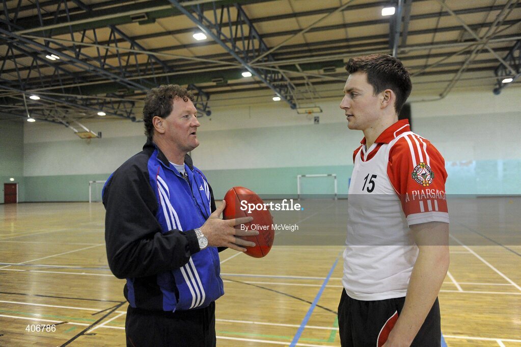 3 March 2010; Ricky Nixon, Managing Director of Flying Start, talks with James Kielt, Derry, during a Ricky Nixon AFL trial day. Gormanston College, Gormanston, Co. Meath. Picture credit: Oliver McVeigh / SPORTSFILE