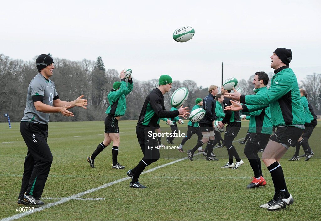 3 March 2010; Ireland's Donncha O'Callaghan and Paul O'Connell during rugby squad training ahead of their RBS Six Nations Rugby Championship game against Wales on Saturday week. Carton House, Maynooth, Co. Kildare. Picture credit: Matt Browne / SPORTSFILE