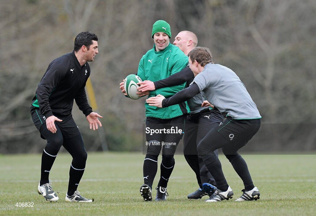 3 March 2010; Ireland's Tomas O'Leary in action with team-mates Rob Kearney Brian O'Driscoll and Keith Earls during rugby squad training ahead of their RBS Six Nations Rugby Championship game against Wales on Saturday week. Carton House, Maynooth, Co. Kildare. Picture credit: Matt Browne / SPORTSFILE
