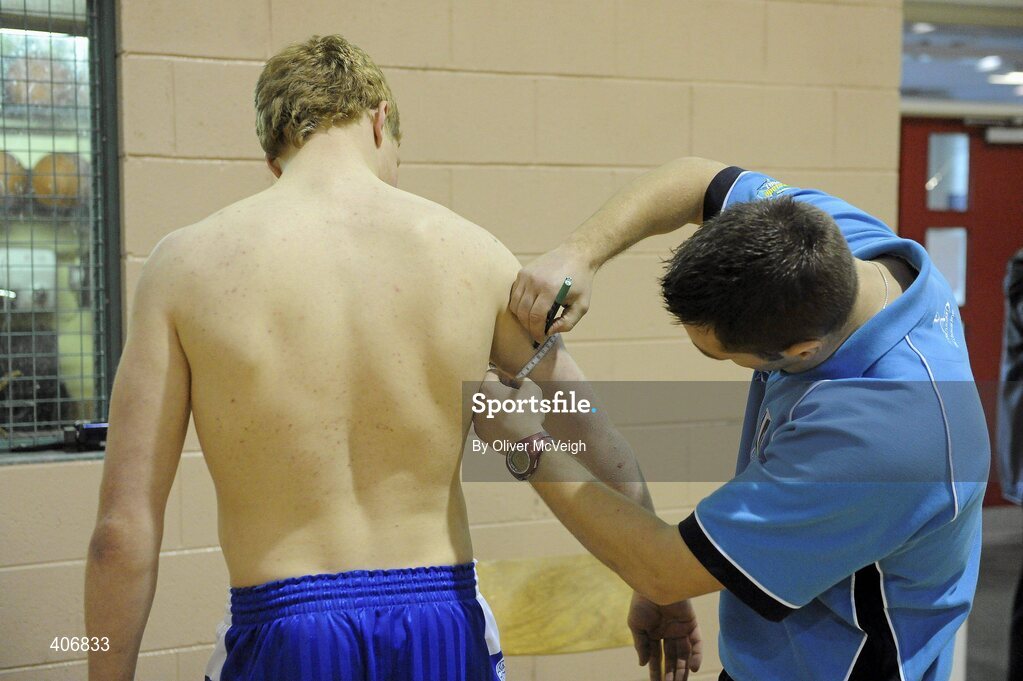 3 March 2010; Monaghan's Kieran Hughes is assessed by Ricky McCann, Sports Science officer, Jordanstown, Co. Antrim, during the Ricky Nixon AFL trial day. Gormanston College, Gormanston, Co. Meath. Picture credit: Oliver McVeigh / SPORTSFILE