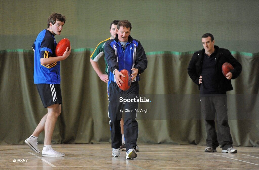 3 March 2010; Ricky Nixon, Managing Director of Flying Start, centre, along with Brian Sheridan, Meath, left, and Michael Murphy, Donegal, during a Ricky Nixon AFL trial day. Gormanston College, Gormanston, Co. Meath. Picture credit: Oliver McVeigh / SPORTSFILE