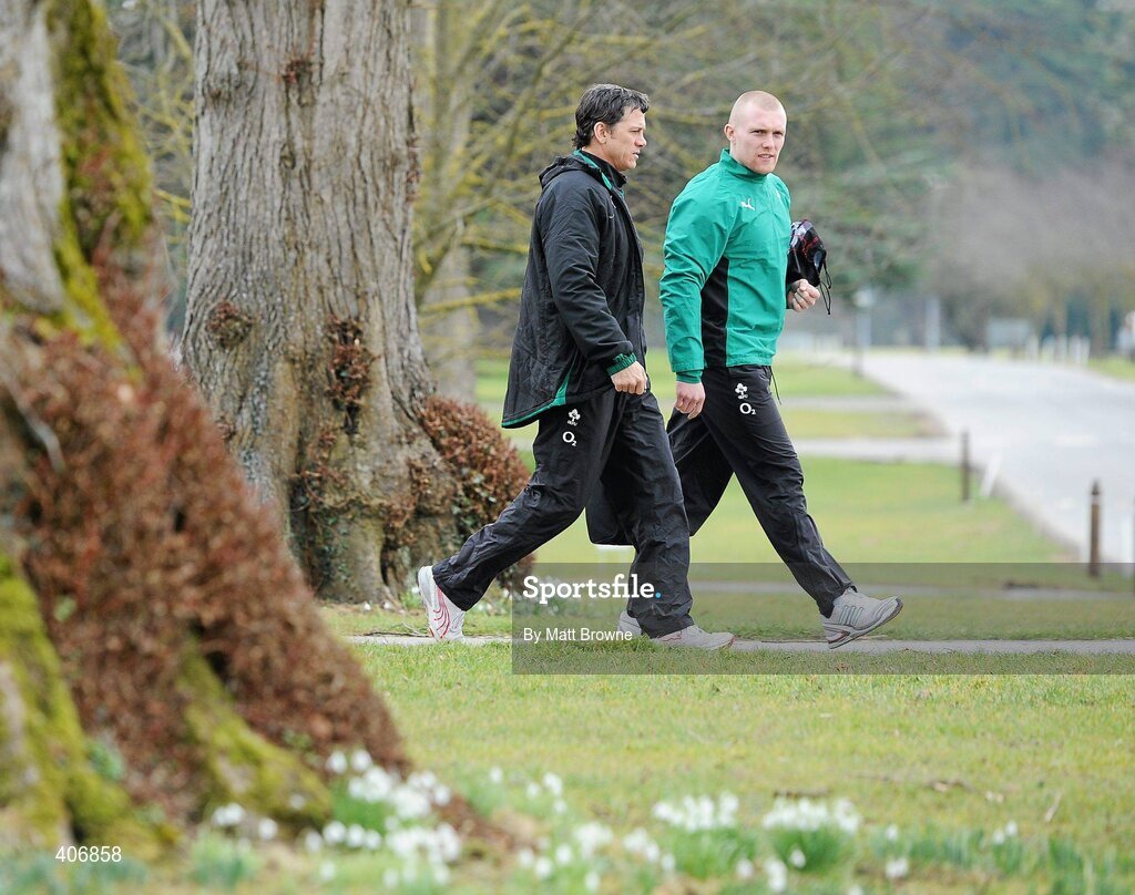 3 March 2010; Ireland's Keith Earls and defence coach Les Kiss arrive before rugby squad training ahead of their RBS Six Nations Rugby Championship game against Wales on Saturday week. Carton House, Maynooth, Co. Kildare. Picture credit: Matt Browne / SPORTSFILE