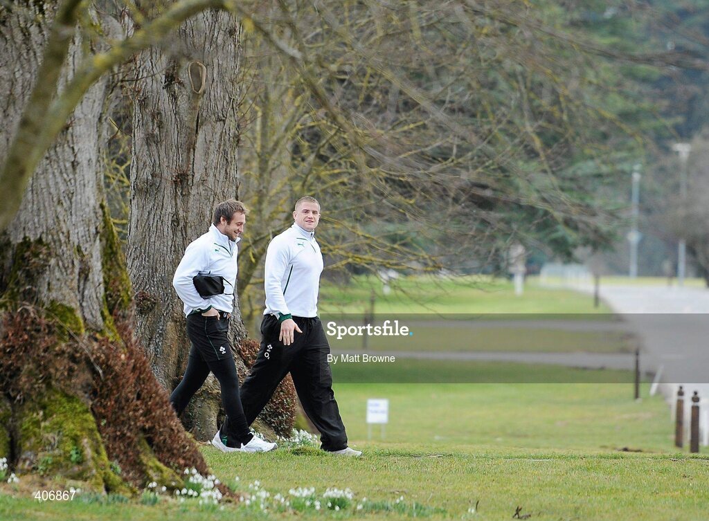 3 March 2010; Ireland's Jamie Heaslip and Johne Murphy arrive before rugby squad training ahead of their RBS Six Nations Rugby Championship game against Wales on Saturday week. Carton House, Maynooth, Co. Kildare. Picture credit: Matt Browne / SPORTSFILE
