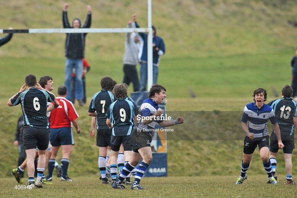 3 March 2010; JJ Hanrahan, Rockwell, turns to celebrate after scoring a drop-goal to make the score 12-10 with the last play of the game. Avonmore Munster Rugby Schools Senior Cup Semi-Final, Rockwell v Castletroy College, Clanwilliam Park, Tipperary Town, Tipperary. Picture credit: Diarmuid Greene / SPORTSFILE