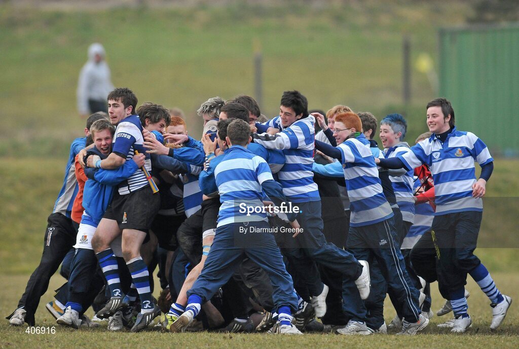 3 March 2010; JJ Hanrahan, Rockwell, left, is congratulated by supporters and team-mates after scoring a drop-goal to make the score 12-10 with the last play of the game. Avonmore Munster Rugby Schools Senior Cup Semi-Final, Rockwell v Castletroy College, Clanwilliam Park, Tipperary Town, Tipperary. Picture credit: Diarmuid Greene / SPORTSFILE