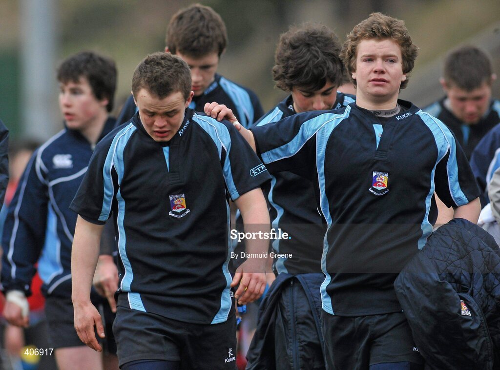3 March 2010; Castletroy's Peter Murray, left, is consoled by team-mate Darragh O'Brien after the game. Avonmore Munster Rugby Schools Senior Cup Semi-Final, Rockwell v Castletroy College, Clanwilliam Park, Tipperary Town, Tipperary. Picture credit: Diarmuid Greene / SPORTSFILE