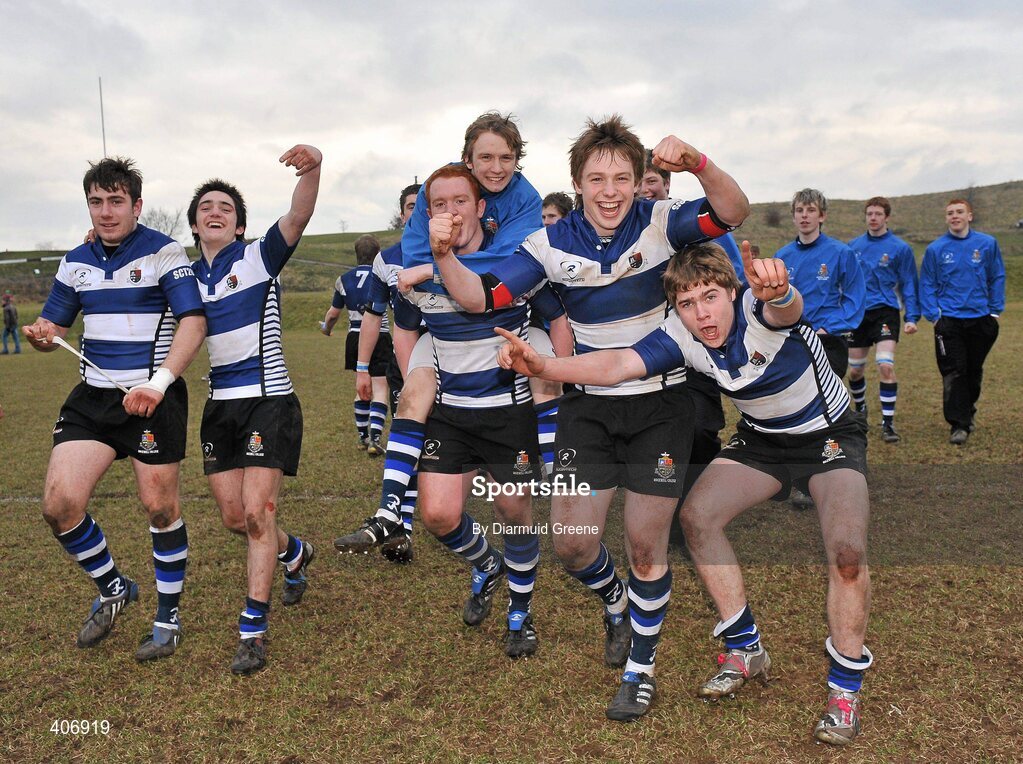 3 March 2010; Rockwell players celebrate after the game. Avonmore Munster Rugby Schools Senior Cup Semi-Final, Rockwell v Castletroy College, Clanwilliam Park, Tipperary Town, Tipperary. Picture credit: Diarmuid Greene / SPORTSFILE
