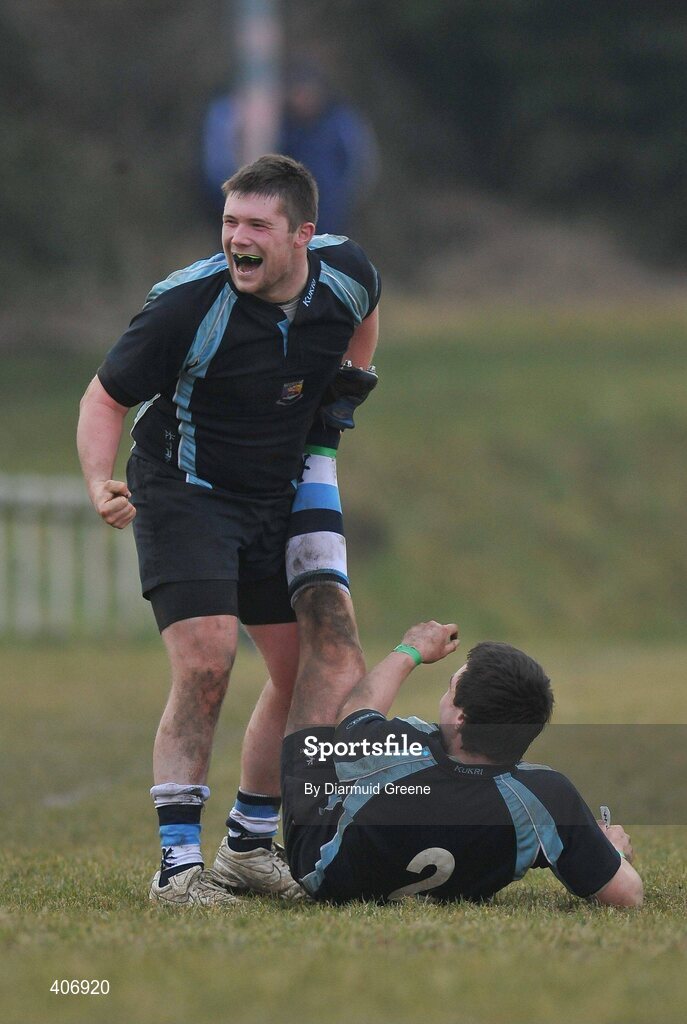 3 March 2010; Kevin Doyle, Castletroy, celebrates prematurely late in the game while assisting team-mate James Rael with cramp. Avonmore Munster Rugby Schools Senior Cup Semi-Final, Rockwell v Castletroy College, Clanwilliam Park, Tipperary Town, Tipperary. Picture credit: Diarmuid Greene / SPORTSFILE