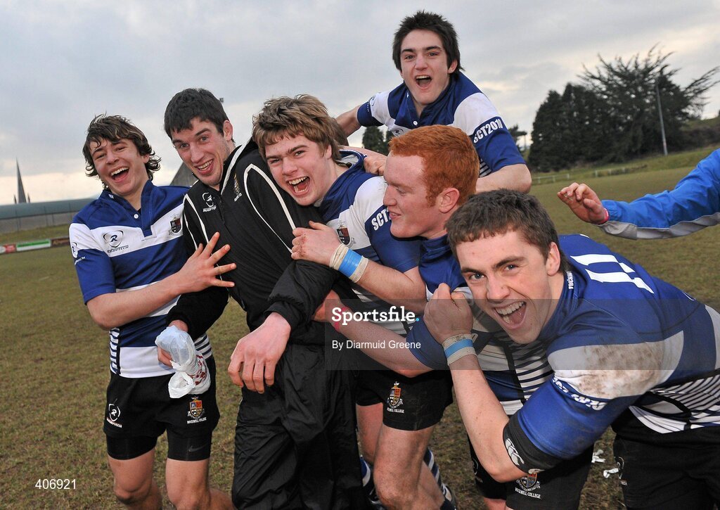 3 March 2010; Rockwell players celebrate after the game with forwards coach Kevin Leamy, brother of Munster and Ireland player Denis Leamy. Avonmore Munster Rugby Schools Senior Cup Semi-Final, Rockwell v Castletroy College, Clanwilliam Park, Tipperary Town, Tipperary. Picture credit: Diarmuid Greene / SPORTSFILE