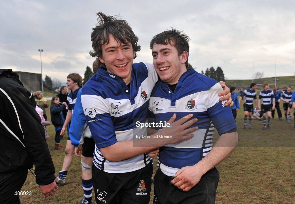 3 March 2010; Rockwell's JJ Hanrahan is congratulated by team-mate Harry McNulty, left, after the game as he scored the winning drop-goal to make the score 12-10 with the last play of the game. Avonmore Munster Rugby Schools Senior Cup Semi-Final, Rockwell v Castletroy College, Clanwilliam Park, Tipperary Town, Tipperary. Picture credit: Diarmuid Greene / SPORTSFILE