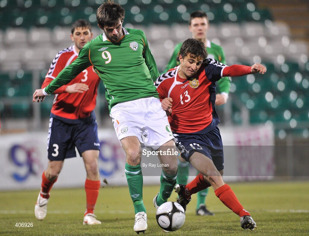 3 February 2010; Cillian Sheridan, Republic of Ireland, in action against Artur Yuspash, Armenia. UEFA European U21 Championship Qualifier, Republic of Ireland v Armenia, Tallaght Stadium, Tallaght, Co. Dublin. Picture credit: Ray Lohan / SPORTSFILE