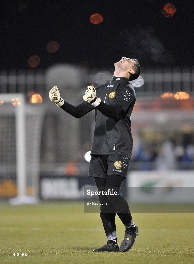 3 February 2010; Armenian goalkeeper Edvard Hovhannisyan celebrates his side's second goal. UEFA European U21 Championship Qualifier, Republic of Ireland v Armenia, Tallaght Stadium, Tallaght, Co. Dublin. Picture credit: Ray Lohan / SPORTSFILE
