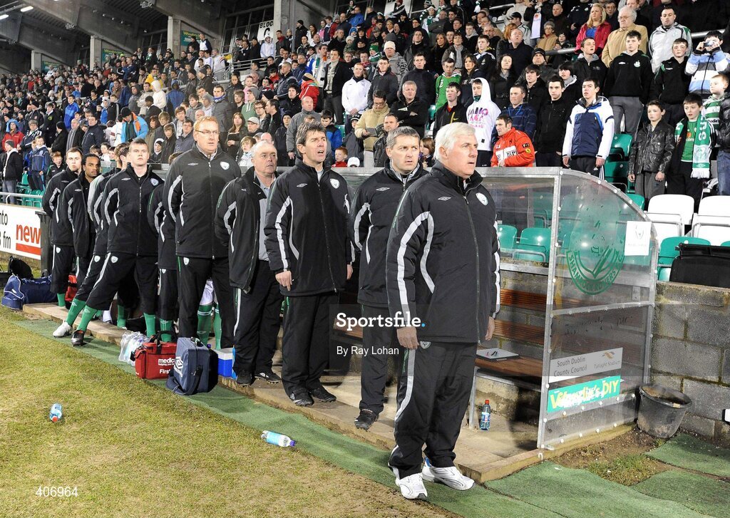 3 February 2010; Republic of Ireland Manager Don Givens stands for the National Anthem. UEFA European U21 Championship Qualifier, Republic of Ireland v Armenia, Tallaght Stadium, Tallaght, Co. Dublin. Picture credit: Ray Lohan / SPORTSFILE