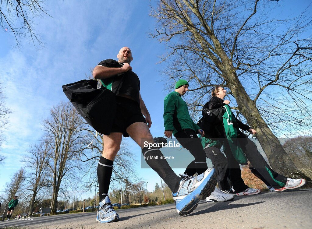 4 March 2010; Ireland's John Hayes with Tomas O'Leary and physiotherapist Brian Green on his way to squad training ahead of their RBS Six Nations Rugby Championship game against Wales on Saturday week. Carton House, Maynooth, Co. Kildare. Picture credit: Matt Browne / SPORTSFILE