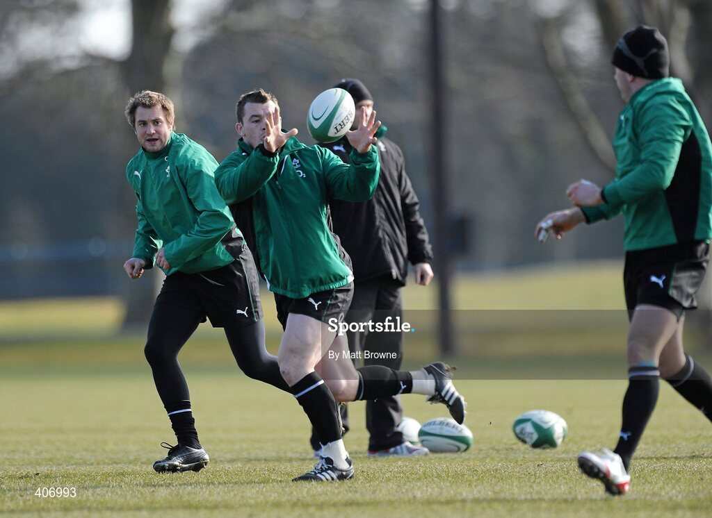 4 March 2010; Ireland's Cian Healy in action with Johne Murphy and Shane Jennings during rugby squad training ahead of their RBS Six Nations Rugby Championship game against Wales on Saturday week. Carton House, Maynooth, Co. Kildare. Picture credit: Matt Browne / SPORTSFILE