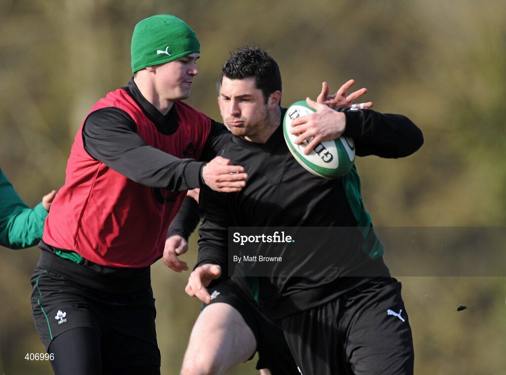 4 March 2010; Ireland's Rob Kearney in action against Jonathan Sexton during rugby squad training ahead of their RBS Six Nations Rugby Championship game against Wales on Saturday week. Carton House, Maynooth, Co. Kildare. Picture credit: Matt Browne / SPORTSFILE