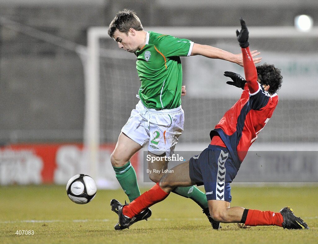 3 March 2010; Seamus Coleman, Republic of Ireland, in action against Artak Dashyan, Armenia. UEFA European U21 Championship Qualifier, Republic of Ireland v Armenia, Tallaght Stadium, Tallaght, Co. Dublin. Picture credit: Ray Lohan / SPORTSFILE