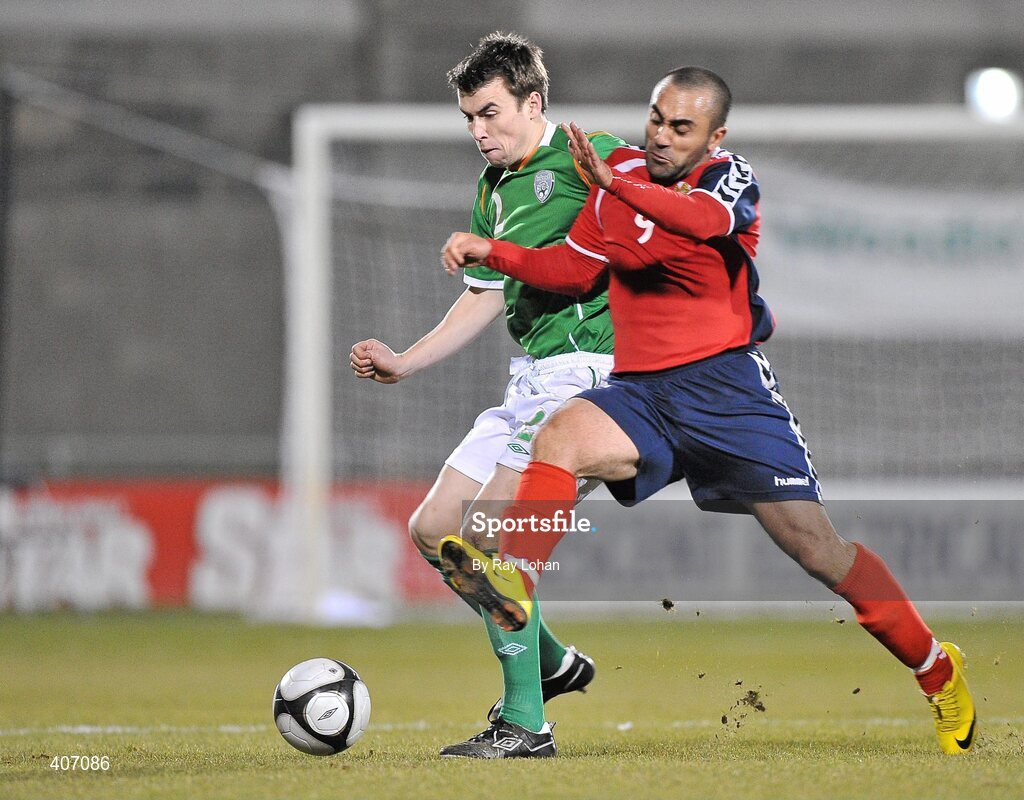 3 March 2010; Seamus Coleman, Republic of Ireland, in action against Hovhannes Goharyan, Armenia. UEFA European U21 Championship Qualifier, Republic of Ireland v Armenia, Tallaght Stadium, Tallaght, Co. Dublin. Picture credit: Ray Lohan / SPORTSFILE