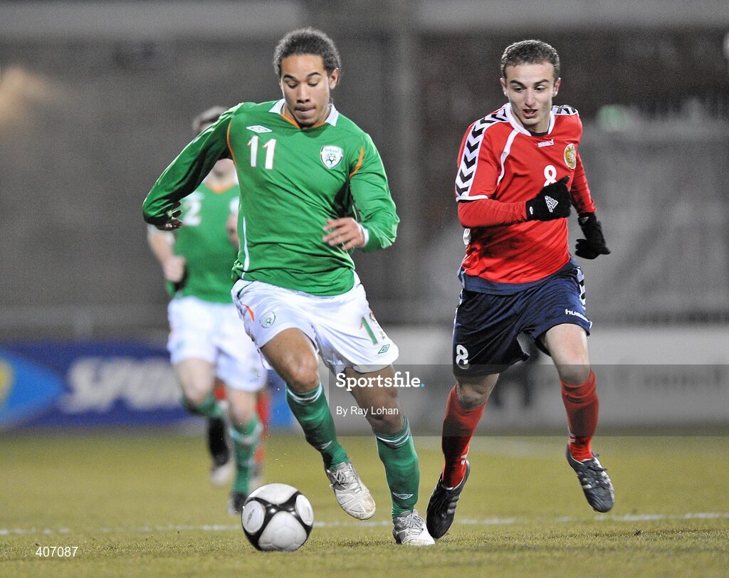 3 March 2010; Sean Scannell, Republic of Ireland, in action against Levon Airapetian, Armenia. UEFA European U21 Championship Qualifier, Republic of Ireland v Armenia, Tallaght Stadium, Tallaght, Co. Dublin. Picture credit: Ray Lohan / SPORTSFILE