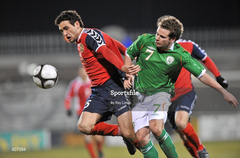 3 March 2010; Alan Judge, Republic of Ireland, in action against Artur Yuspashyan, Armenia. UEFA European U21 Championship Qualifier, Republic of Ireland v Armenia, Tallaght Stadium, Tallaght, Co. Dublin. Picture credit: Ray Lohan / SPORTSFILE