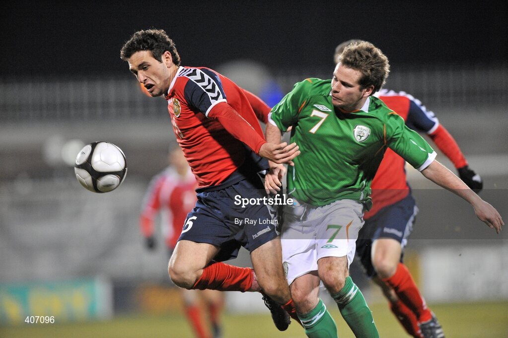 3 March 2010; Alan Judge, Republic of Ireland, in action against Artur Yuspashyan, Armenia. UEFA European U21 Championship Qualifier, Republic of Ireland v Armenia, Tallaght Stadium, Tallaght, Co. Dublin. Picture credit: Ray Lohan / SPORTSFILE