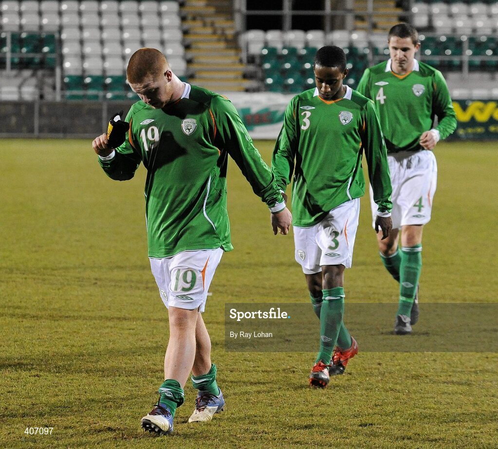 3 February 2010; A dejected Terry Dixon, 19, Cian Hughton and Callum Morris, Republic of Ireland, leave the pitch after the final whistle. UEFA European U21 Championship Qualifier, Republic of Ireland v Armenia, Tallaght Stadium, Tallaght, Co. Dublin. Picture credit: Ray Lohan / SPORTSFILE