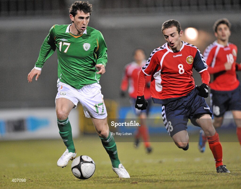 3 March 2010; Ian Daly, Republic of Ireland, in action against Levon Airapetian, Armenia. UEFA European U21 Championship Qualifier, Republic of Ireland v Armenia, Tallaght Stadium, Tallaght, Co. Dublin. Picture credit: Ray Lohan / SPORTSFILE