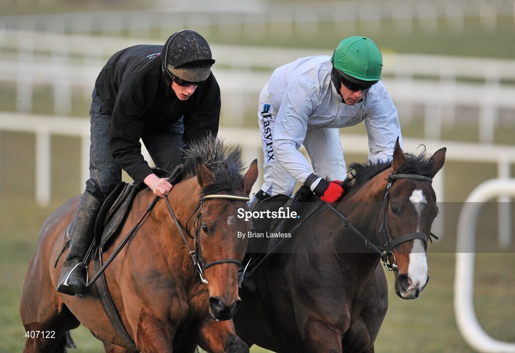 28 February 2010; Willie Mullins trained Quiscover Fontaine, with Emmet Mullins up, left, and Shakervilz, Davy Condon up, during the gallops after the days racing. Leopardstown Racecourse, Dublin. Picture credit: Brian Lawless / SPORTSFILE