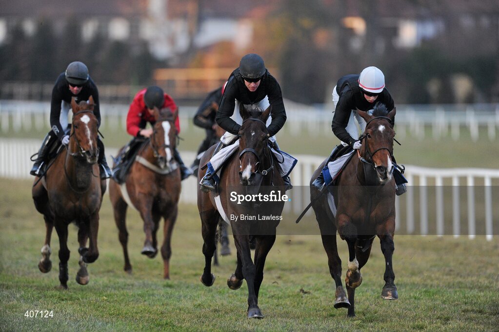 28 February 2010;  Tom Cooper trained Forpadydeplasterer, with Barry Geraghty up, second from right, and Dreux, Brian Cooper up, right, during the gallops after the days racing. Leopardstown Racecourse, Dublin. Picture credit: Brian Lawless / SPORTSFILE
