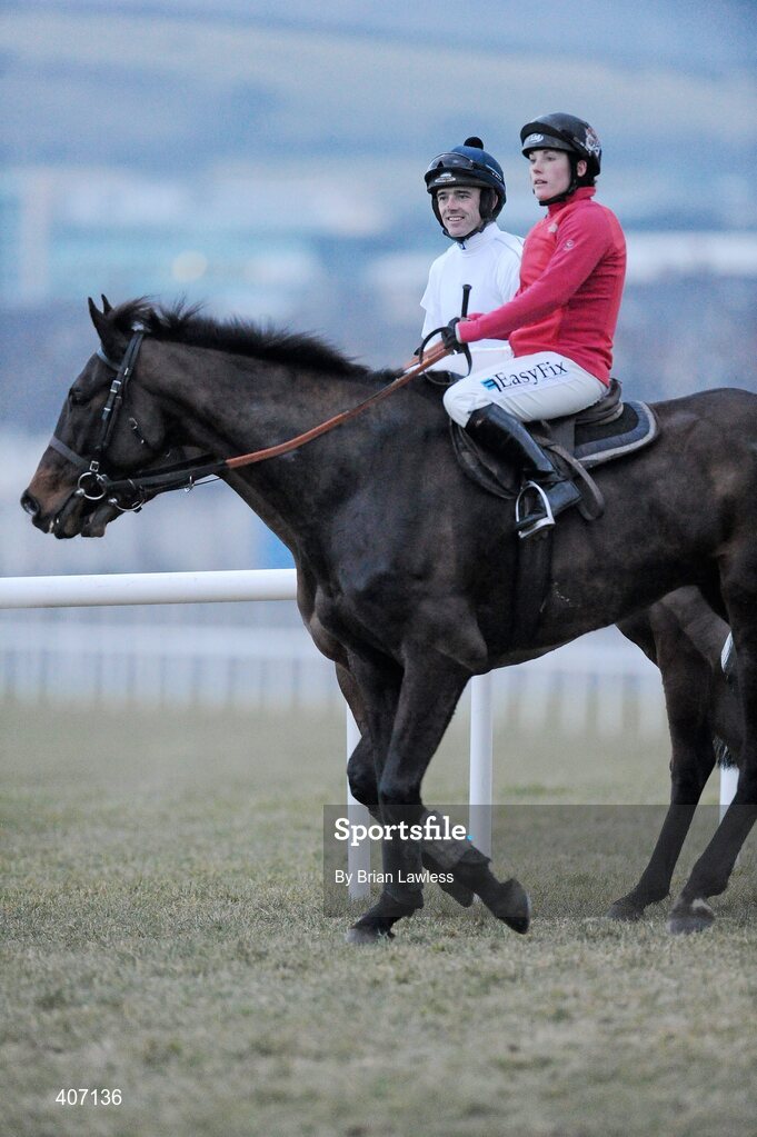 28 February 2010; Jockey Ruby Walsh aboard Quevega, with his sister and jockey Katie Walsh aboard Black Harry, during the gallops after the days racing. Leopardstown Racecourse, Dublin. Picture credit: Brian Lawless / SPORTSFILE