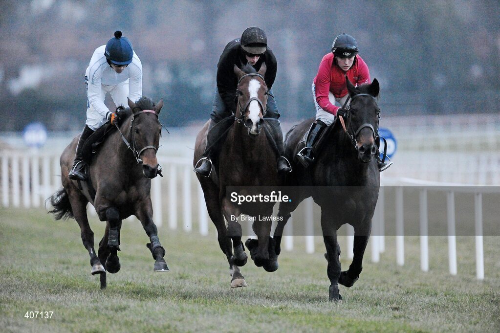 28 February 2010; Willie Mullins trained horses, from left, Quevega, with Ruby Walsh up, Lisaquill, Emmet Mullins up, and Black Harry, Katie Walsh up, during the gallops after the days racing. Leopardstown Racecourse, Dublin. Picture credit: Brian Lawless / SPORTSFILE