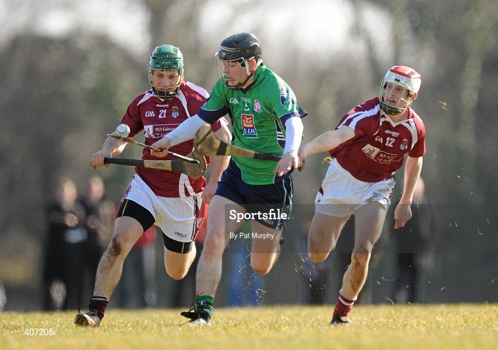 5 March 2010; Nick O'Connell, Limerick IT, in action against Cormac O'Donovan, left, and Barry Daly, NUI Galway. Ulster Bank Fitzgibbon Cup Semi-Final, National University of Ireland, Galway v Limerick Institute of Technology, Dangan GAA Grounds, Dangan, Co. Galway. Picture credit: Pat Murphy / SPORTSFILE