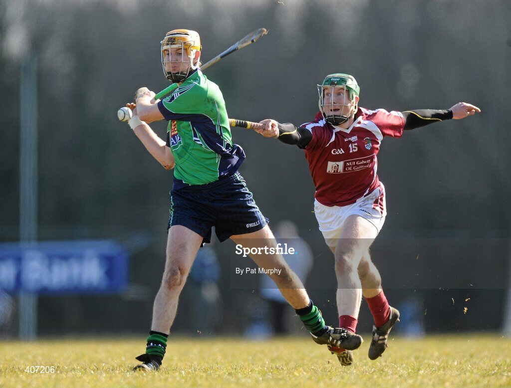 5 March 2010; Seamus Callanan, Limerick IT, in action against Finian Coone, NUI Galway. Ulster Bank Fitzgibbon Cup Semi-Final, National University of Ireland, Galway v Limerick Institute of Technology, Dangan GAA Grounds, Dangan, Co. Galway. Picture credit: Pat Murphy / SPORTSFILE