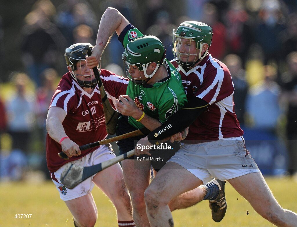 5 March 2010; Cathal Chaplin, Limerick IT, in action against Shane Quinlan, left, and Finian Coone, NUI Galway. Ulster Bank Fitzgibbon Cup Semi-Final, National University of Ireland, Galway v Limerick Institute of Technology, Dangan GAA Grounds, Dangan, Co. Galway. Picture credit: Pat Murphy / SPORTSFILE